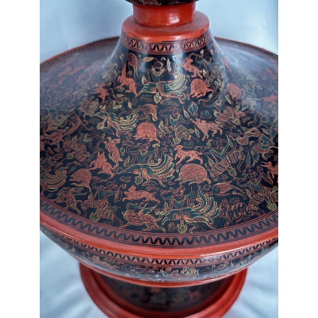 Antique Burmese Hsun-Ok Buddhist Offering Vessel With Hand-Incised Yun Lacquer Decoration, Late 19th–Early 20th Century For Sale - Image 11 of 12