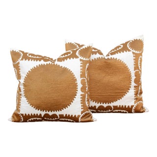 Pair of Gold & White Medallion Suzani Pillow Covers For Sale