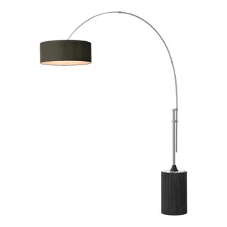 Tambo 92"h 1-Light Arc Lamp, Black Linen Shade, Black Oak Base, Satin Nickel, Dimmable, for Living Room or Bedroom For Sale