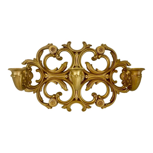 1960s Mid-Century Baroque Hollywood Regency Syroco Candle Holder Sconce, 3 Tapers For Sale