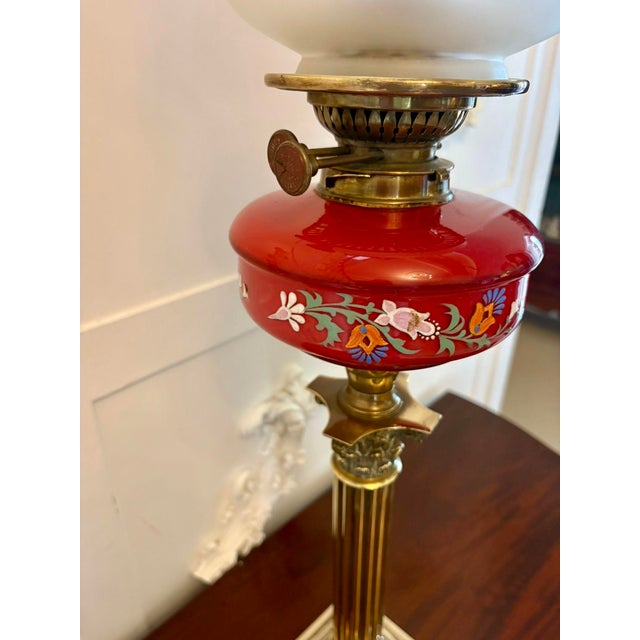 Antique Victorian Brass Oil Lamp with Cranberry Glass Font and Corinthian Column, 1860 For Sale - Image 6 of 8