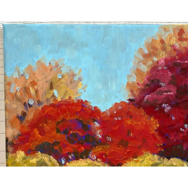 Abstract impressionist landscape of peak autumn colors expressed with energetic strokes of red, orange, burgundy, rose,...