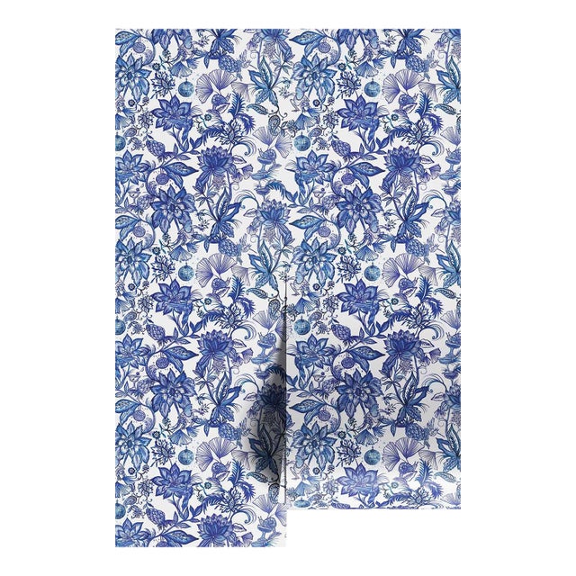 Floral & the Frog Chinoiserie Grasscloth Wallpaper by House Party | Azure Blue | 8 Yards For Sale