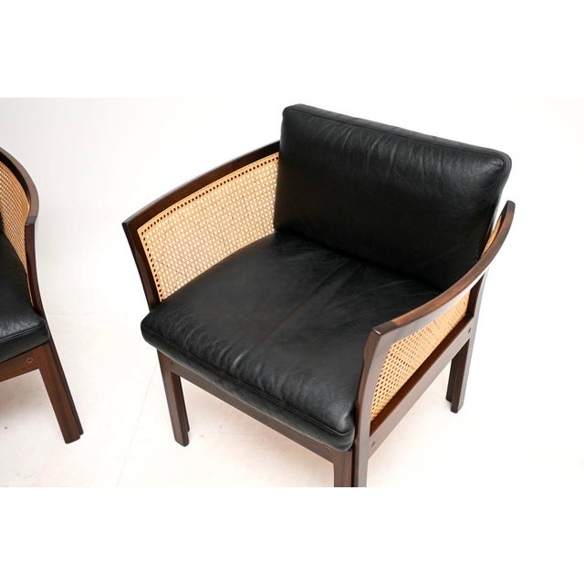 Black Vintage Danish Leather and Cane Chairs by Illum Wikkelso for CFC Silkeborg, 1960, Set of 2 For Sale - Image 8 of 11
