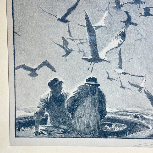Gordon Grant Pencil Signed Lithograph, Fishermen & Seagulls, Framed (Likely "Deep Sea Larder" 1943) For Sale - Image 4 of 10