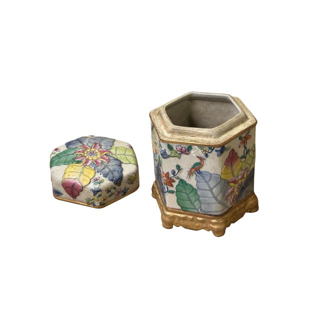 Chinese Chinese Oriental Porcelain Flowers Graphic Hexagonal Display Urn Jar For Sale - Image 3 of 8