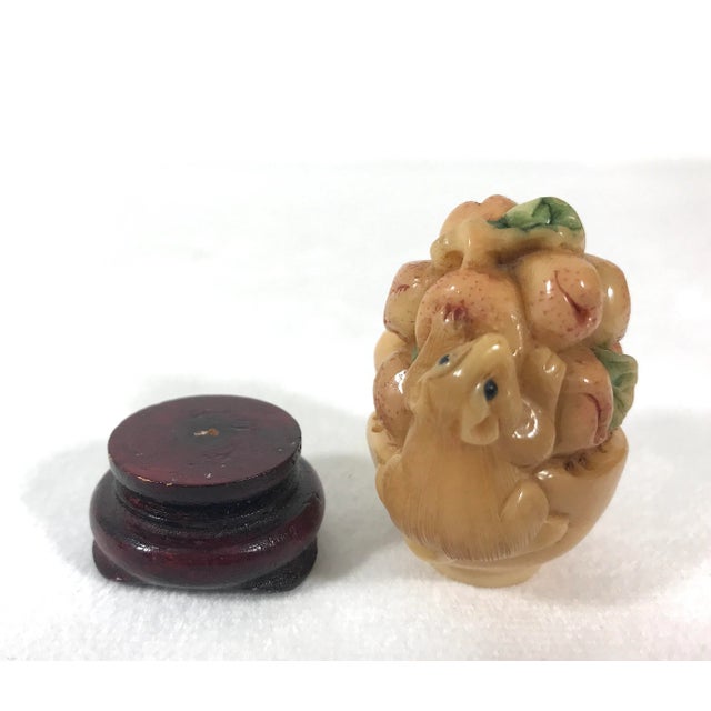 1980's Chinese Netsuke Little Mouse on Basket of Peaches With Petite Wood Stand For Sale In Tampa - Image 6 of 7