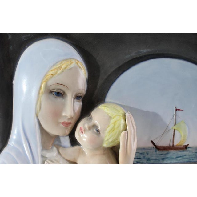Ceramic Madonna del Navigatore on Glazed Ceramic Bas-Relief by Igni Torino, Italy, 1940s For Sale - Image 7 of 11