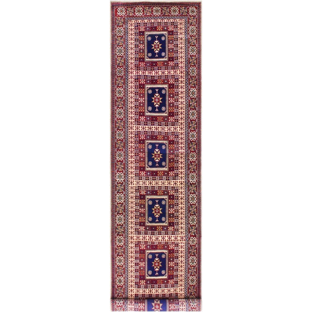 Boho Chic Panel Shirwan Red/Blue Wool Runner Rug- 3'5''x11'2'' For Sale - Image 10 of 10