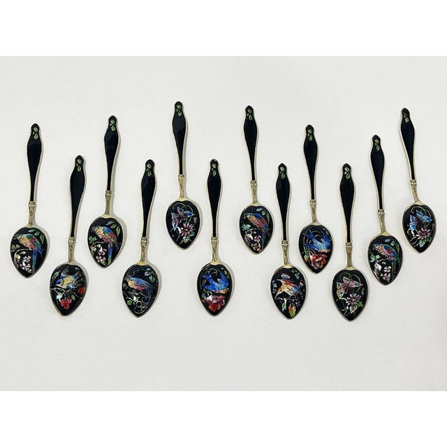 Gustav Hellstrøm enamel and gilt silver teaspoons, Norway, ca 1890 Beautiful set of teaspoons, silver purity of 925/000...