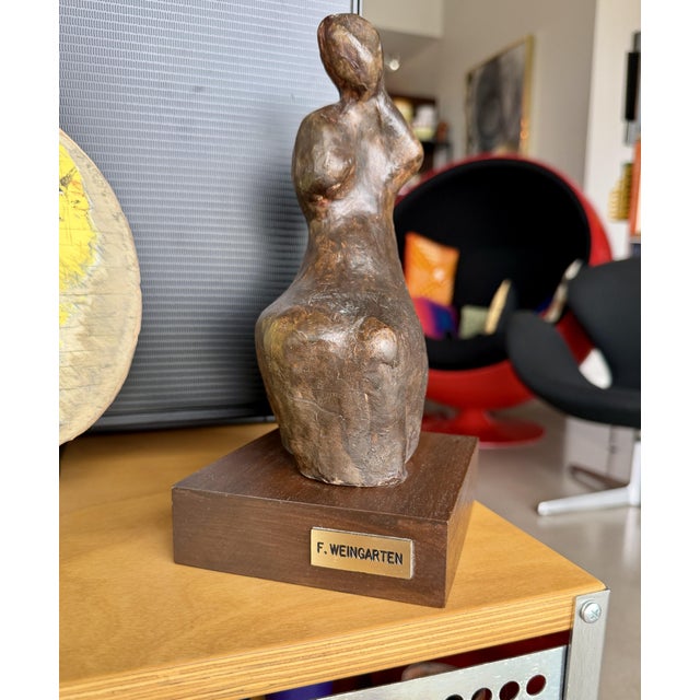 1960s Mid Century Francis Weingarten Belgium Ceramic Female Torso Sculpture European Expressionist Clay Figure Wood Base For Sale - Image 5 of 15