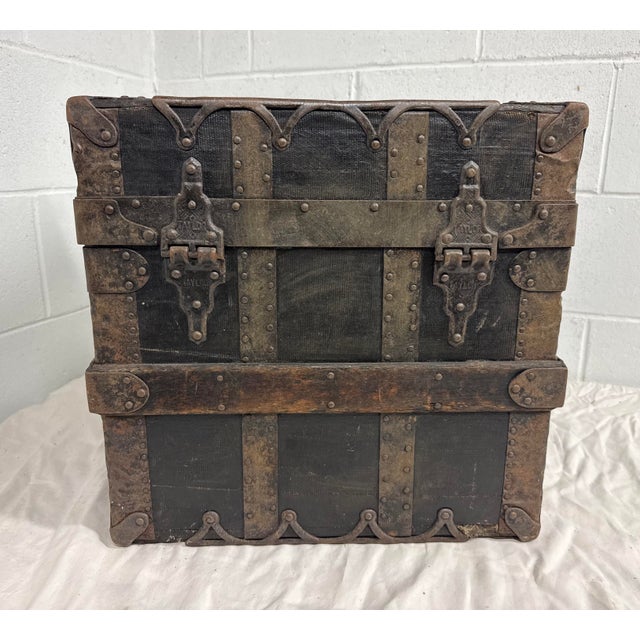 Rare Antique Miniature 19th Century Handmade Wood Iron Taylor Steamer Trunk For Sale - Image 11 of 17