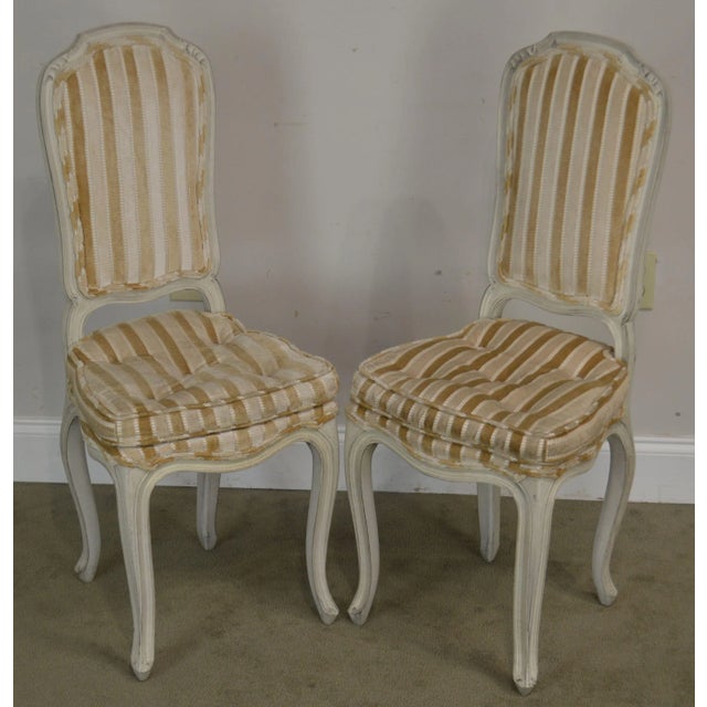 High Quality Custom Upholstered & Painted Pair of Petite Size Side Chairs with Down Filled Cushions