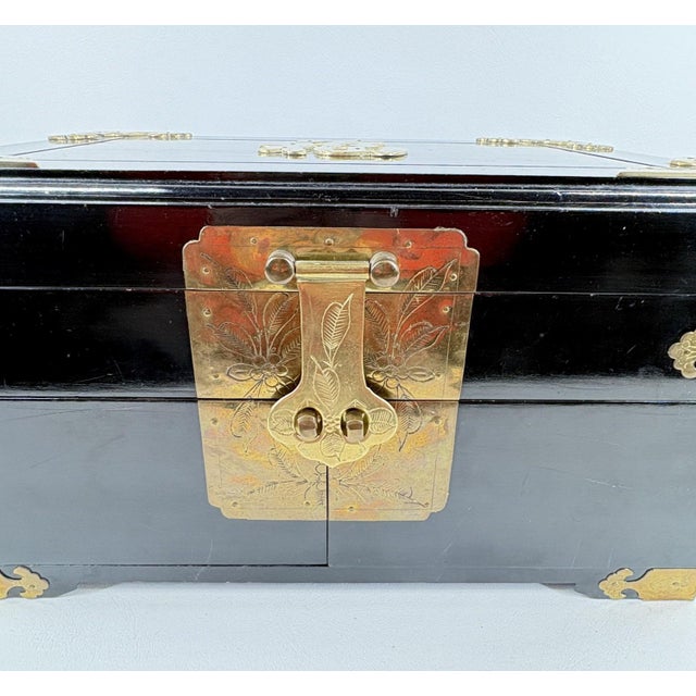 Mid 20th Century Large Vintage Chinese Black Lacquer Jewelry Box With Ornate Brass "Fu" Detail For Sale - Image 5 of 11
