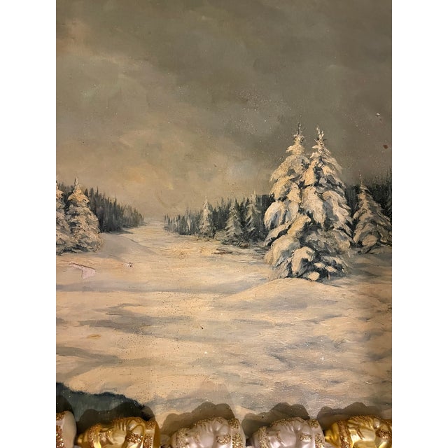 Shabby Chic Dark Vintage Winter Landscape in Figural Santas Ornamental Frame For Sale - Image 3 of 6