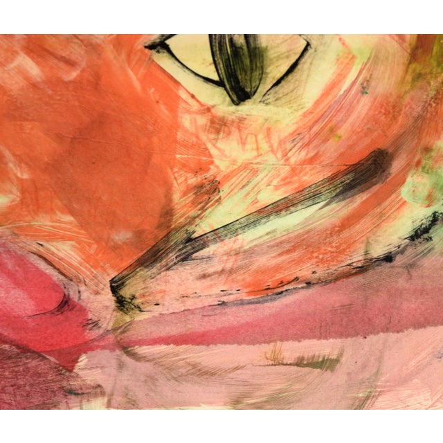 Orange Colorful Cat Face - Transfer Monotype in Water Based Ink on Paper by Heather Speck For Sale - Image 8 of 9