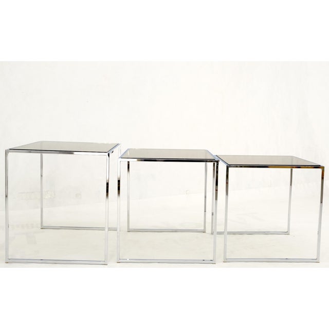 Set of Wide Rectangle Shape Chrome & Smoked Glass Nesting End Side Tables For Sale - Image 9 of 18
