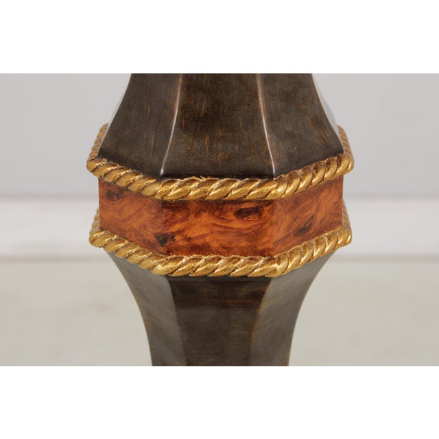 Wood Pair of Burl Wood Regency Empire Black & Gold Pedestal Stands For Sale - Image 7 of 16