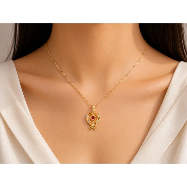 Traditional 1970s 14K Yellow Gold Filigree Diamond Heart Red Sapphire Pendant For Sale - Image 3 of 3