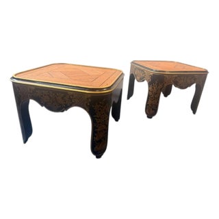 1980s Baker Furniture Chinoiserie Black & Gold Lacquered Accent Tables – Pair For Sale