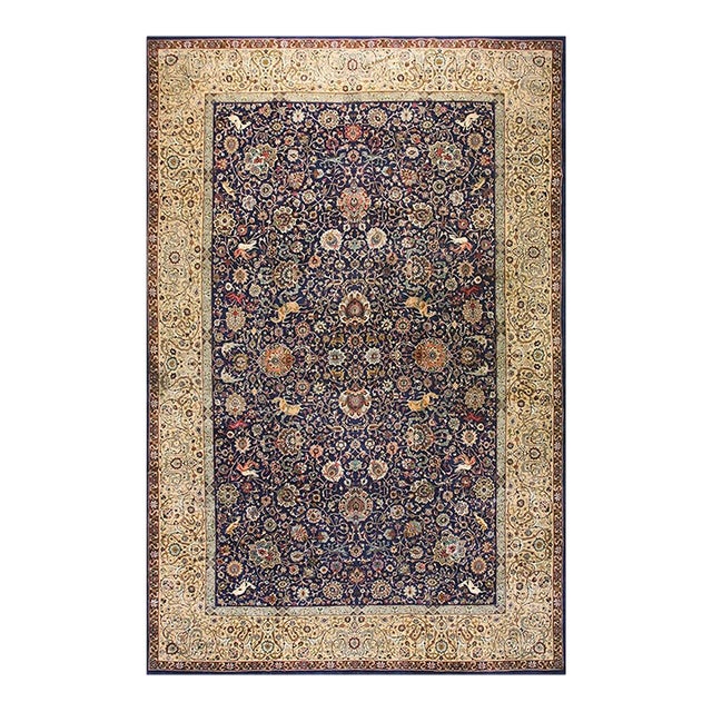 1940s Mid 20th Century Blue Navy Antique Hunting Handknotted Wool Carpet Rug For Sale