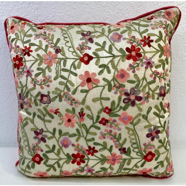 Square Pillows With a Pink and Red Embroidered Floral Pattern, Made in U K- a Pair For Sale - Image 4 of 10