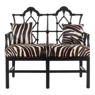 Vintage Black Fretwork Bench With Faux Zebra Hide Cushion For Sale