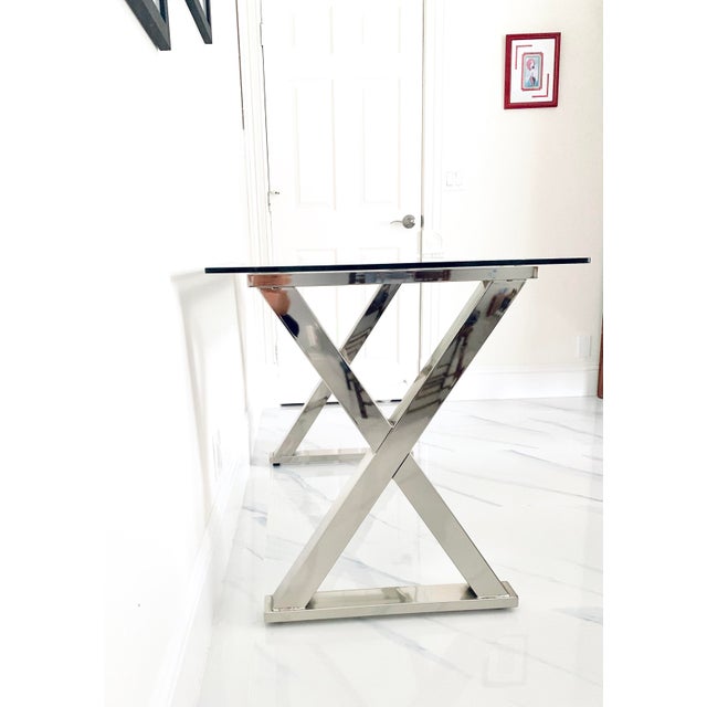 Modern Glass Desk Table With Silver Polish Chrome Cross Base Chairish
