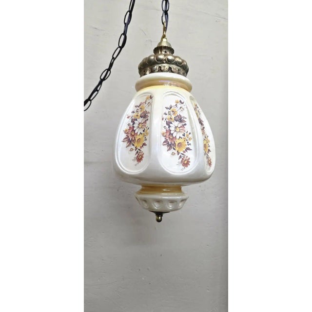 Gold Vintage French Country Floral Glass Swag Plug in Lamp Pendant Light Reading Nook For Sale - Image 8 of 9