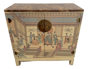 1980s Drexel Heritage ‘Et Cetera’ Hollywood Regency Chinoiserie Hand-Painted Cream Lacquered Bar Cabinet