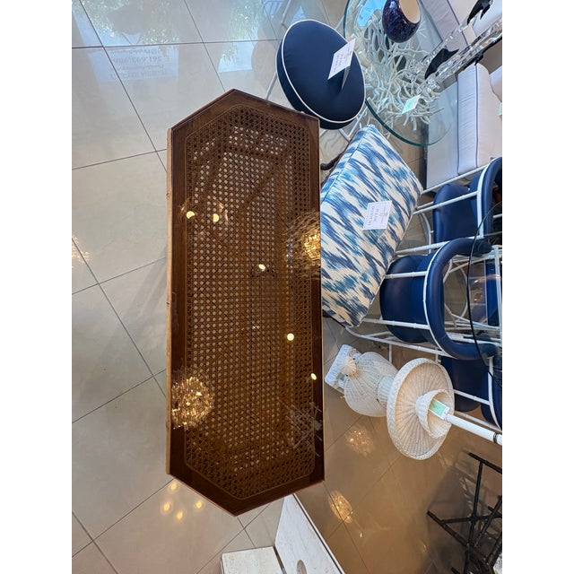 Brown Vintage Brighton Style Rattan Woven Cane Tortoise Demi Lune Console Table For Sale - Image 8 of 12