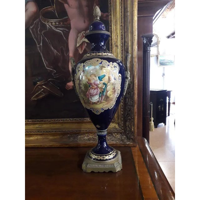 Cobalt Blue Porcelain Vases with Painting and Bronzes, Set of 2 For Sale - Image 9 of 13