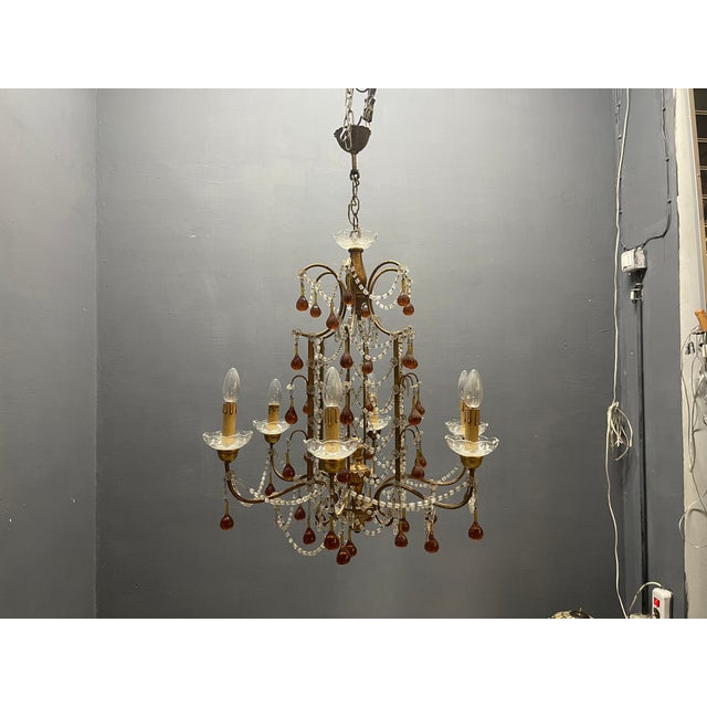 Italian Florentine Giltwood and Amber Murano Glass Drop 6-Light Chandelier, 1950s For Sale - Image 14 of 15