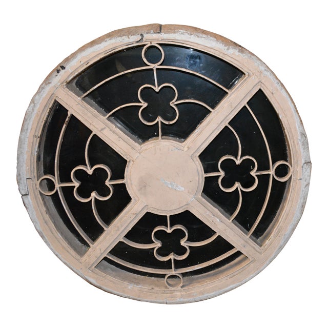Vintage European Wooden Round Tinted Glass Rose Window With Iron Scrolled Inserts For Sale