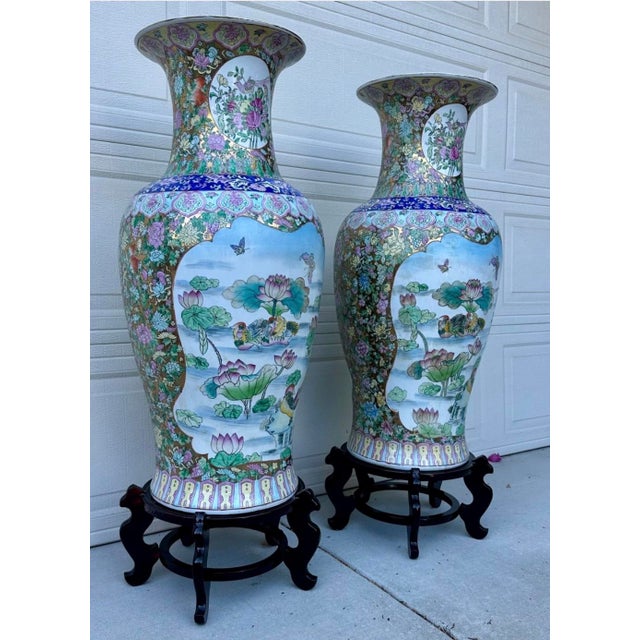 1930s Pair of Monumental Chinese Famille Rose Canton Gold Gilt Palace Vases For Sale - Image 15 of 18
