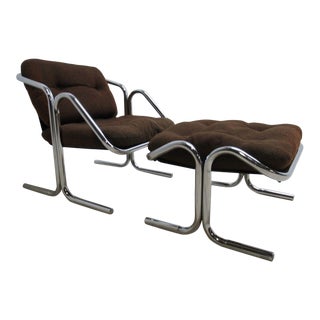 Vintage Mid-Century Modern Cantilever Chrome Sling Lounge Chair and Ottoman For Sale