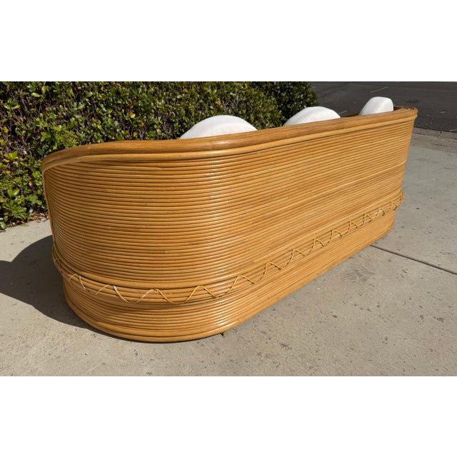 1980s Vintage Curved Pencil Reed Rattan Sofa, With New Sunbrella Upholstery For Sale In San Diego - Image 6 of 14