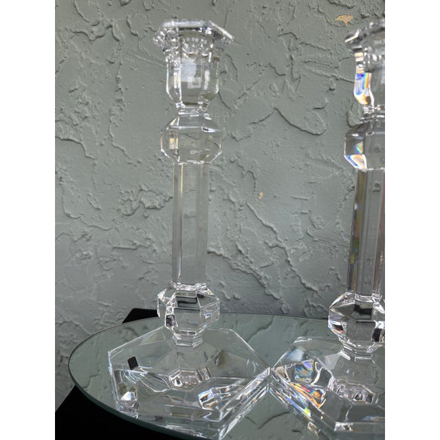 Mid 20th Century Vintage Val St. Lambert Gardenia Crystal Candlesticks, Pair – Belgian Geometric Art Deco Style For Sale - Image 5 of 11