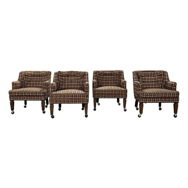 Set of 4 Vintage Mid-Century Modern Club Chairs — Houndstooth Plaid on Casters For Sale