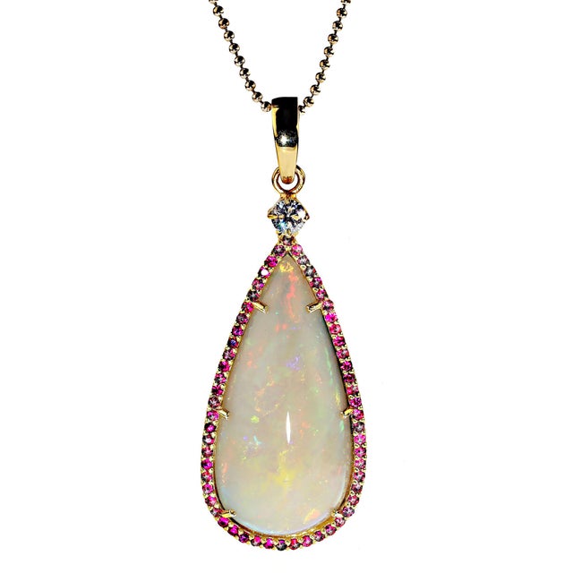 Traditional AJD Pendant Teardrop Opal Red & Green Surrounded by Ruby For Sale - Image 3 of 6