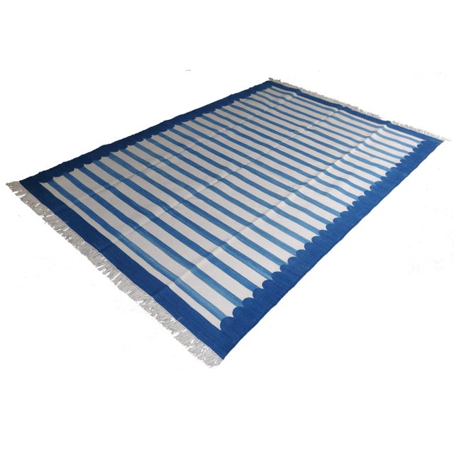 Blue Handmade Cotton Striped Scalloped Rug, Blue, Sky Blue, and White 6'x9' For Sale - Image 8 of 8