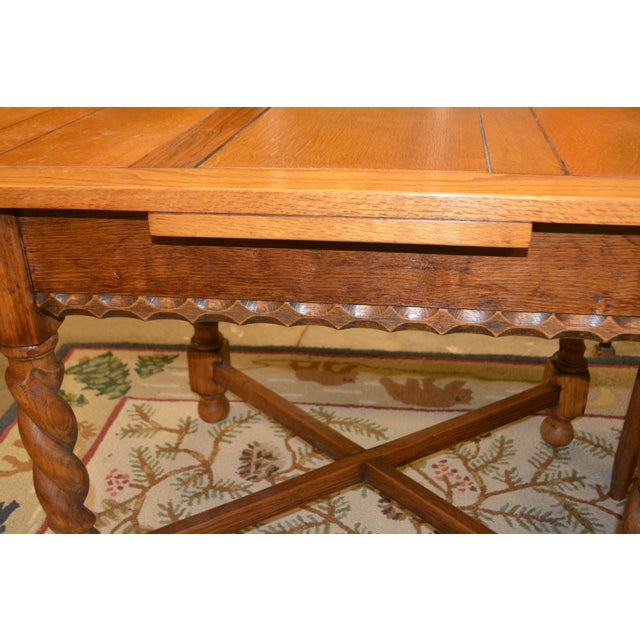 Early 1900’s English Oak Barley Twist Draw - Leaf Dining Pub / Tavern Extending Table For Sale - Image 10 of 16