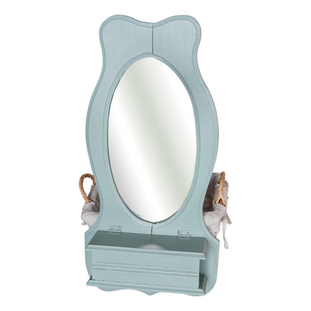 Vintage Entryway Mirror in Pale Blue Painted Wood with Wall Storage, 1990s For Sale
