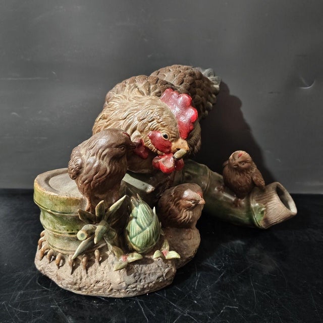 Farmhouse Vintage Shiwan Kiln Glazed Hen & Chicks Statue / Farmhouse Animal Sculpture For Sale - Image 3 of 6