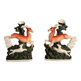Large 19th Century Antique Staffordshire Deer Spill Vases, Set of 2 For Sale