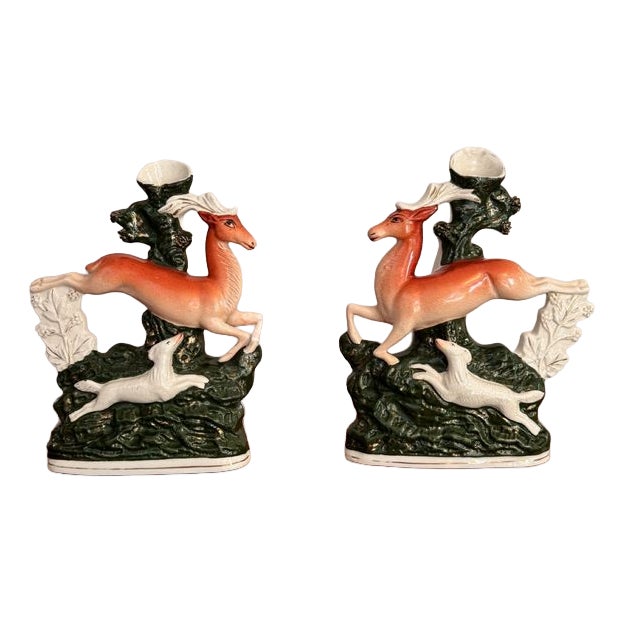 Large 19th Century Antique Staffordshire Deer Spill Vases, Set of 2 For Sale