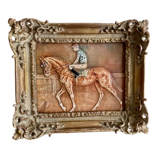 Alice Cranston Fenner Vintage Ceramic Bas Relief Wall Plaque Horse and Jockey, Signed, Framed For Sale