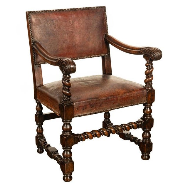 Baroque Antique Italian Baroque Leather & Barley Twist Carved Mahogany Arm Chair 1820 For Sale - Image 3 of 14