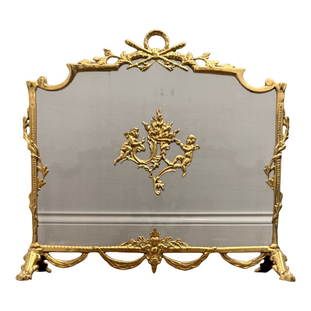 Louis XV Style Brass Fireplace Screen With Cherubs & Garland Motifs For Sale