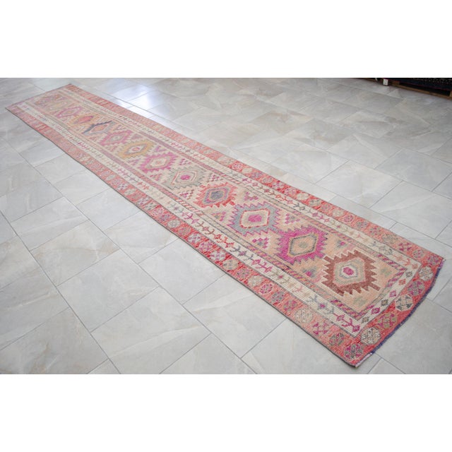 Kurdish Herki Hand-Knotted Distressed Runner Rug Low Pile Extra Long Hallway Decor - 3x15 Ft Approx For Sale - Image 9 of 16